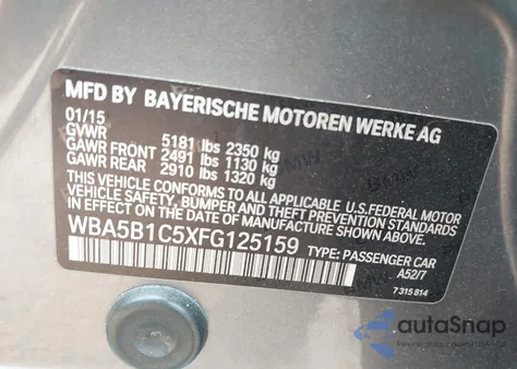 2015 BMW 535I из США, поврежденный, VIN WBA5B1C5XFG125159